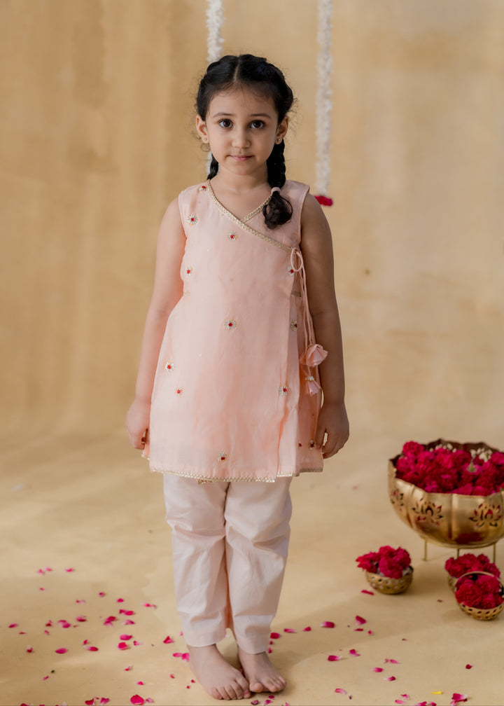 Peach Angrakha Petal Style Kurta With Pant Set