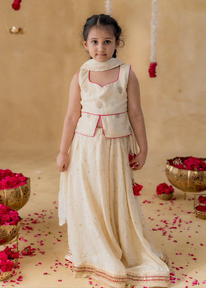 Off White Gulnoor Zari Embroidery Gota Detailing Top With Lehenga Set