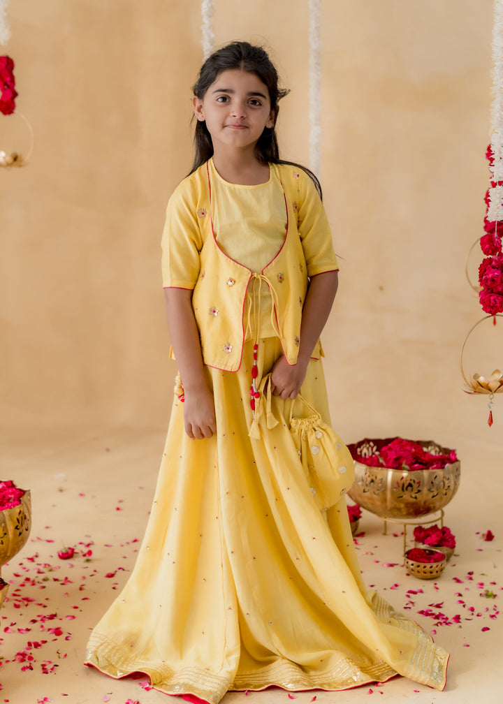 Yellow Sitara Hand Embroidered Star Gota Top With Lehenga Set