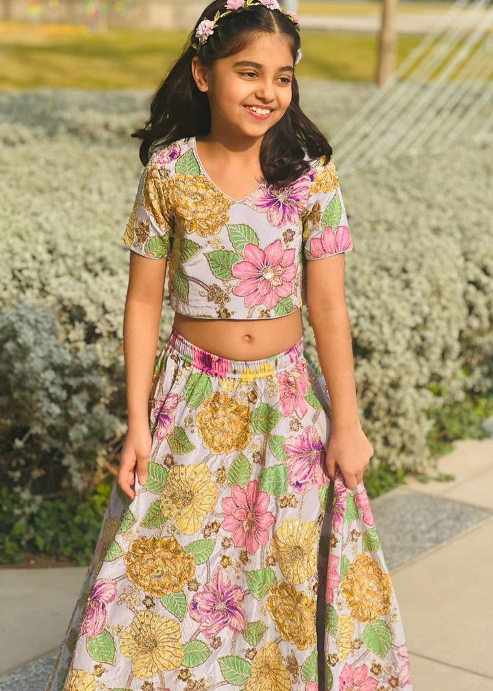 Powder Blue Grey Floral Printed Top With Lehenga Set