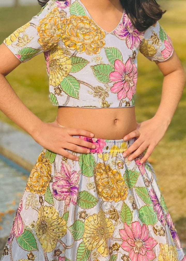 Powder Blue Grey Floral Printed Top With Lehenga Set