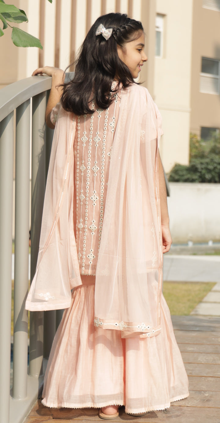 Peach Mirror Embroidery Kurta Sharara With Dupatta Set