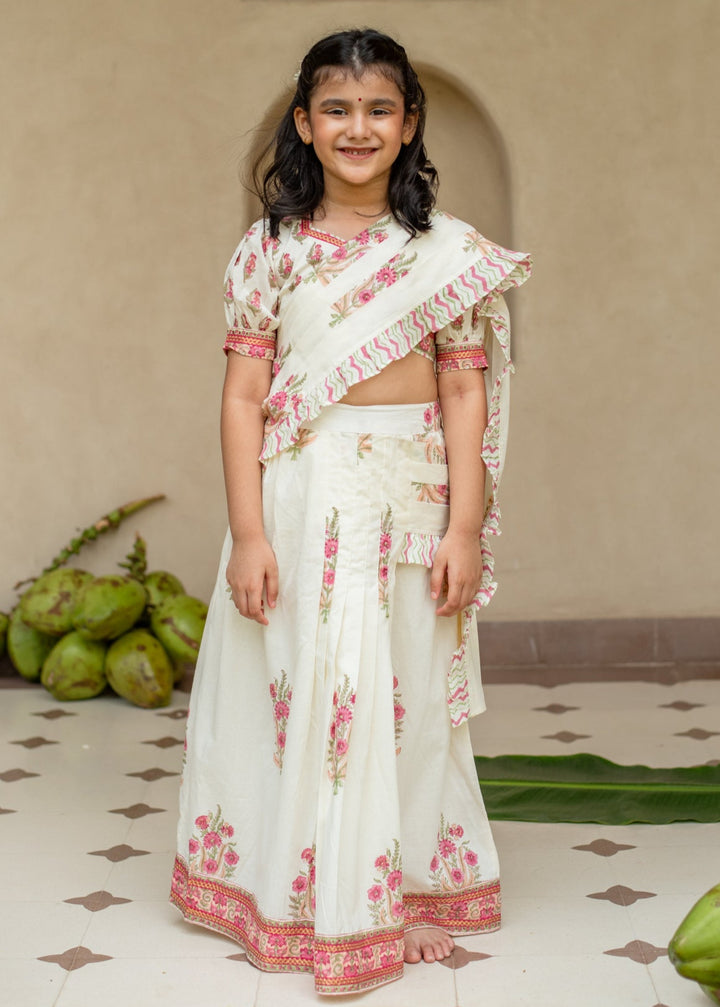 White Floral Cotton Printed Manika Ready To Wear Saree Set