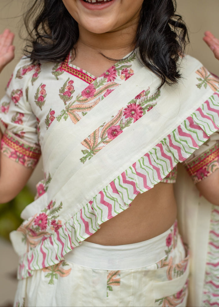 White Floral Cotton Printed Manika Ready To Wear Saree Set