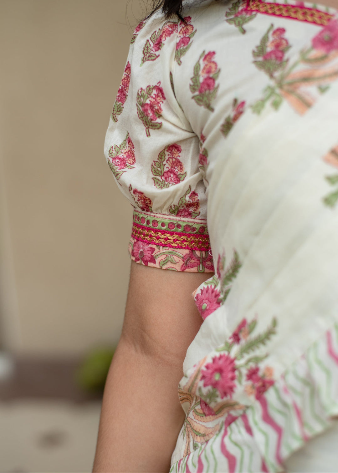 White Floral Cotton Printed Manika Ready To Wear Saree Set