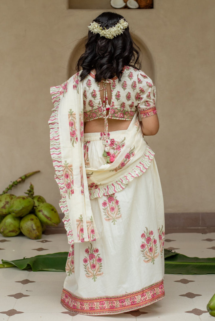 White Floral Cotton Printed Manika Ready To Wear Saree Set
