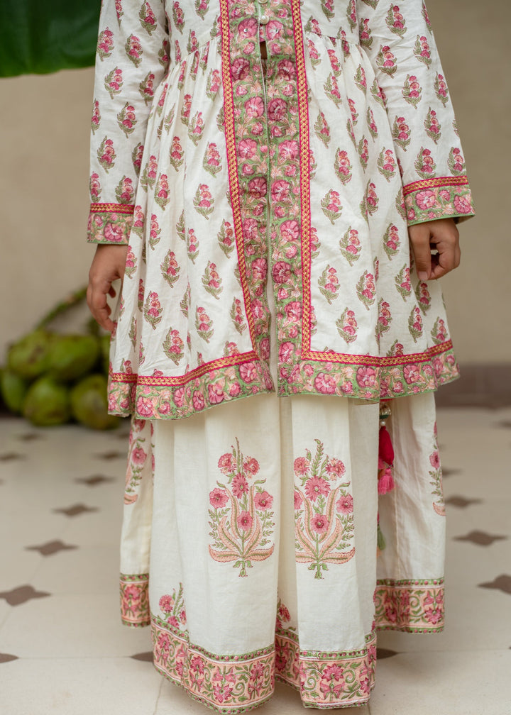 Off White Manika Hand Block Printed Cotton Kurta With Lehenga Set