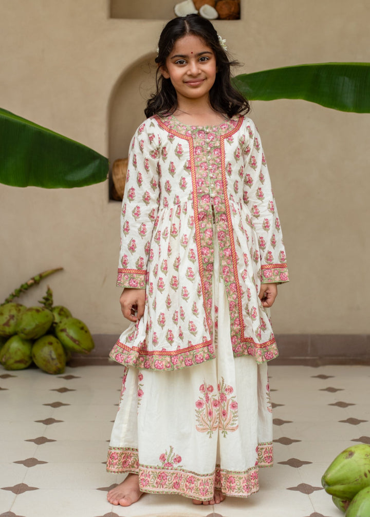 Off White Manika Hand Block Printed Cotton Kurta With Lehenga Set