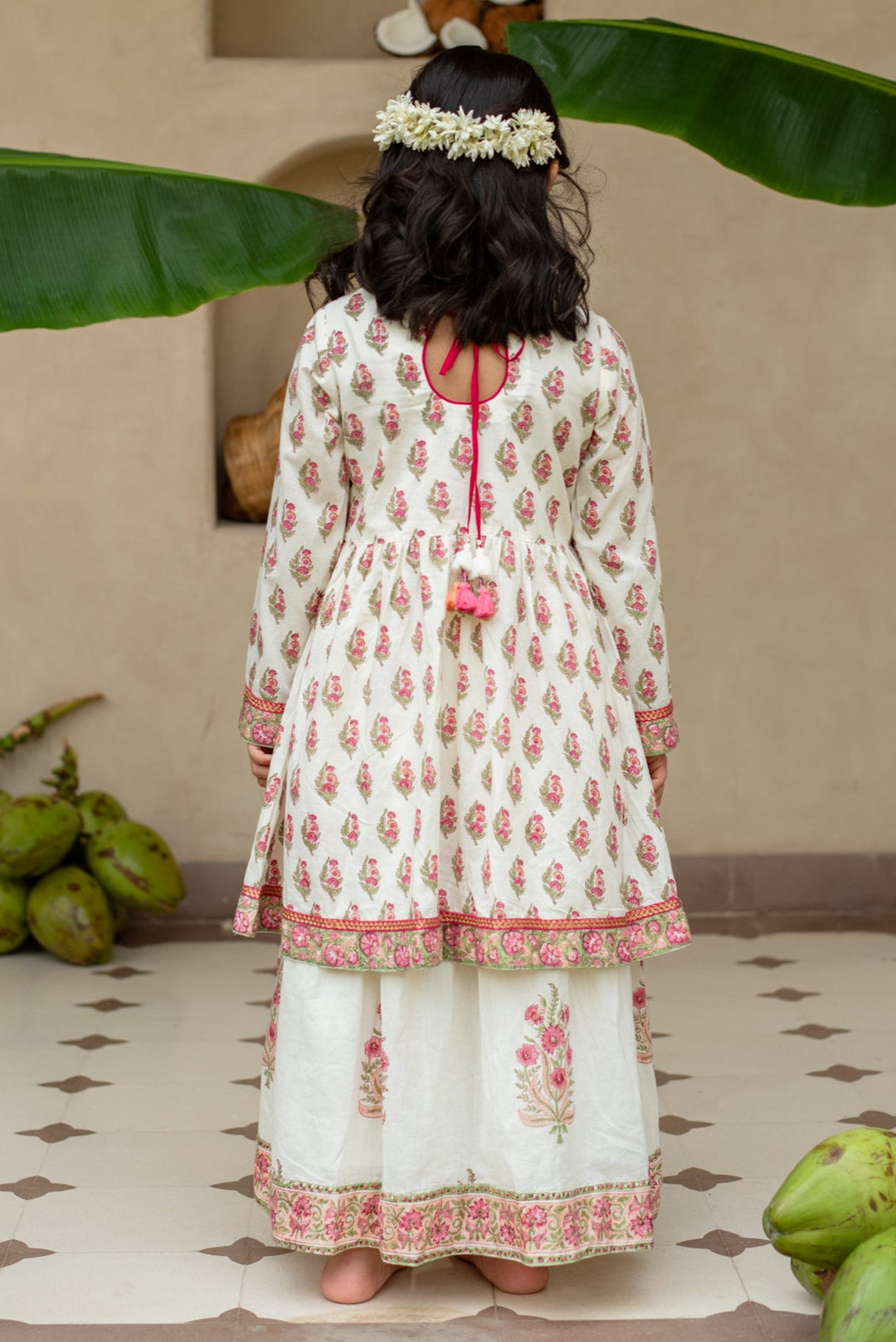 Off White Manika Hand Block Printed Cotton Kurta With Lehenga Set
