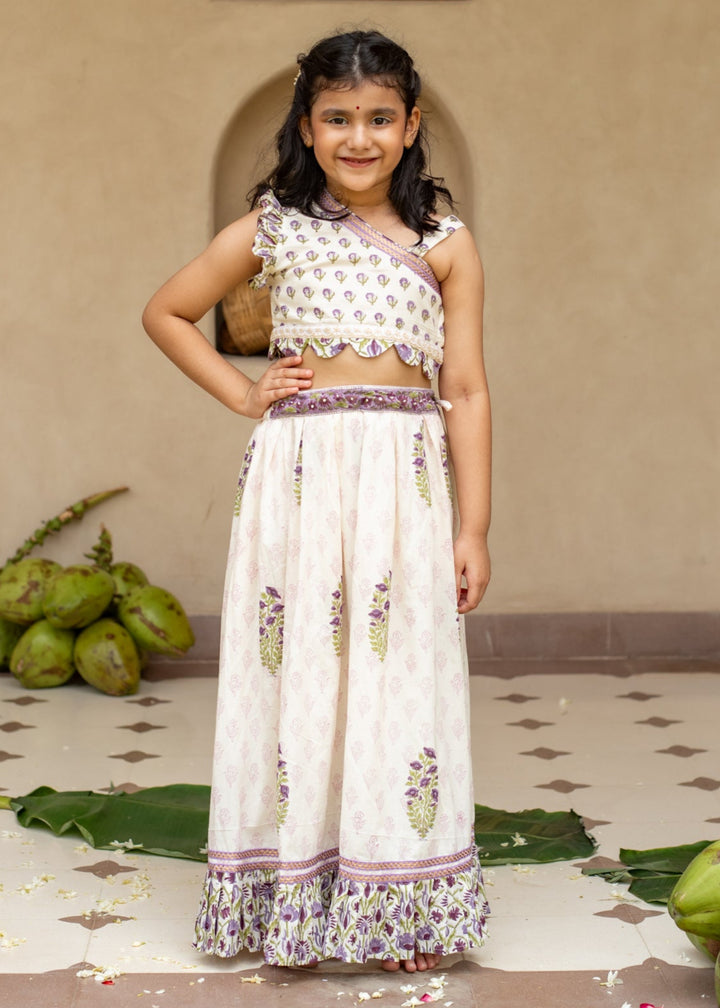 Purple Cotton Printed One Shoulder Top With Skirt Set