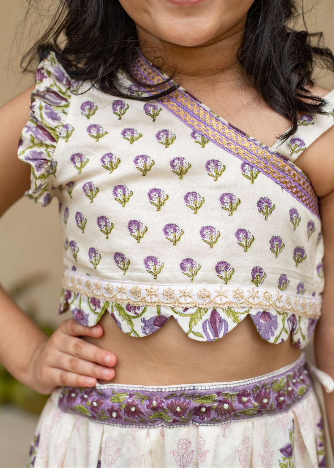 Purple Cotton Printed One Shoulder Top With Skirt Set