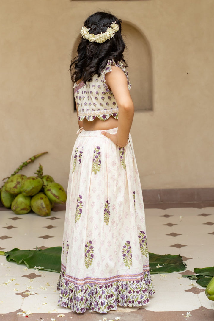 Purple Cotton Printed One Shoulder Top With Skirt Set