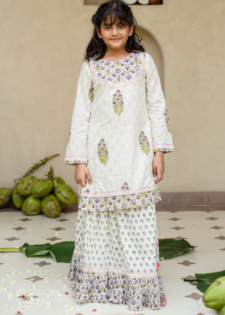 Purple Jamuni Floral Cotton Printed  Kurta Lehenga With Dupatta Set
