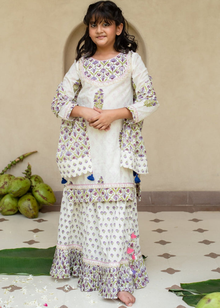 Purple Jamuni Floral Cotton Printed  Kurta Lehenga With Dupatta Set