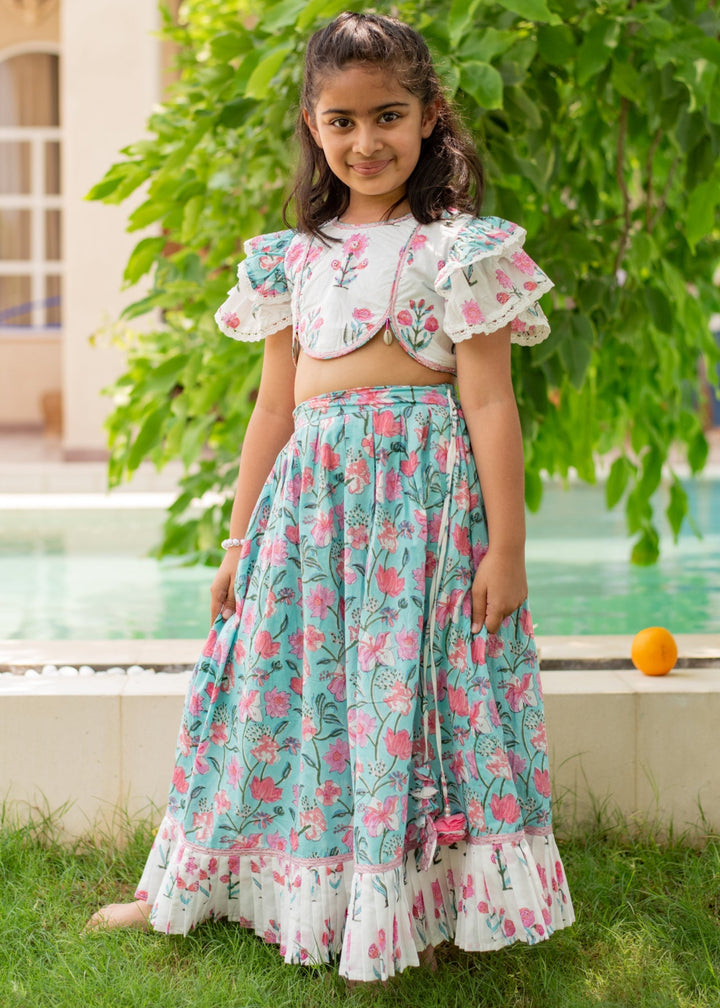 Blue And White Firozi Floral Cotton Top With Lehenga Set