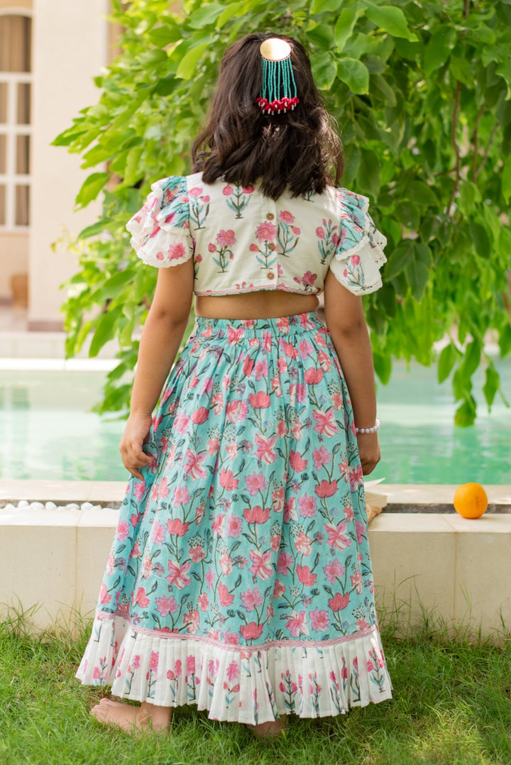 Blue And White Firozi Floral Cotton Top With Lehenga Set