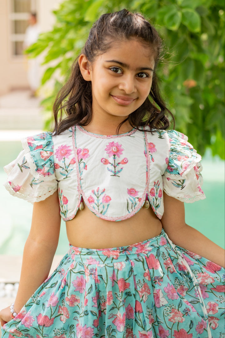 Blue And White Firozi Floral Cotton Top With Lehenga Set