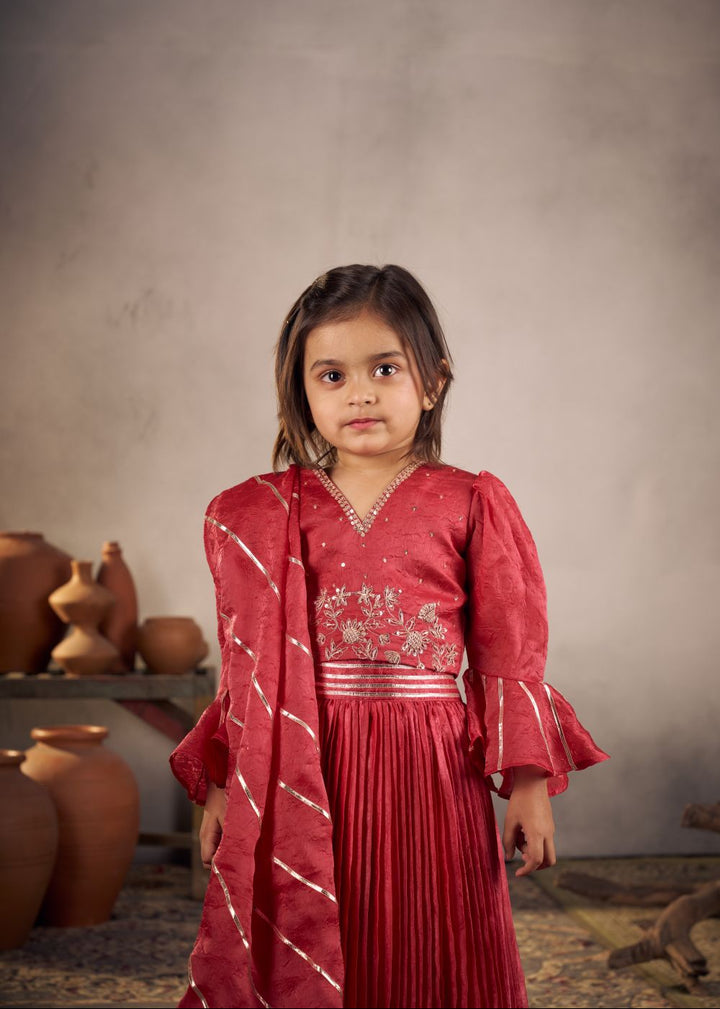 Red Intricate Handwork Embroidery Top With Pleated Lehenga Set