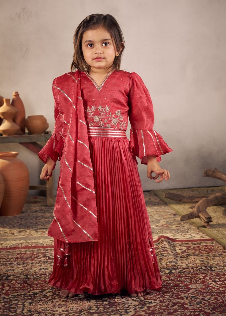 Red Intricate Handwork Embroidery Top With Pleated Lehenga Set
