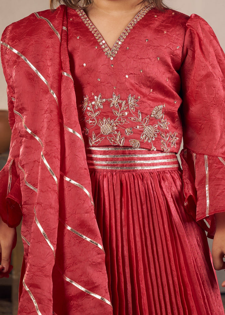 Red Intricate Handwork Embroidery Top With Pleated Lehenga Set