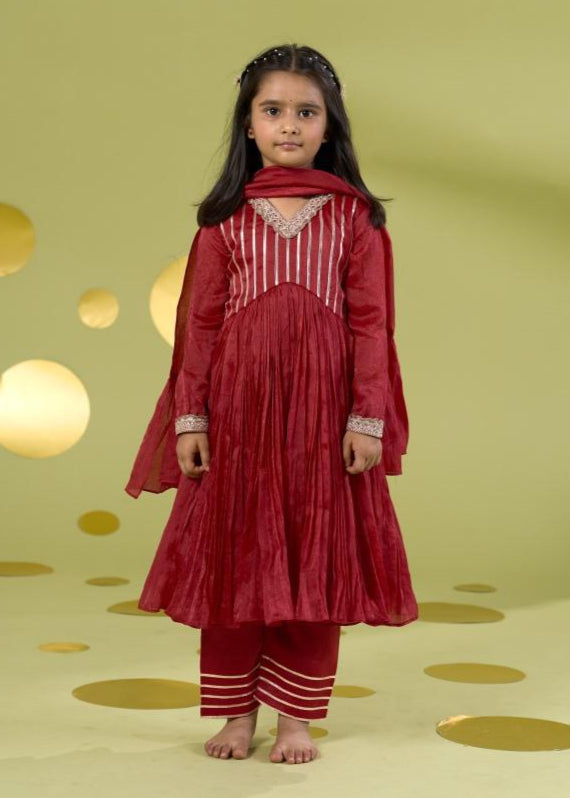 Red Gota Anarkali Kurta With Pleated Pant Set