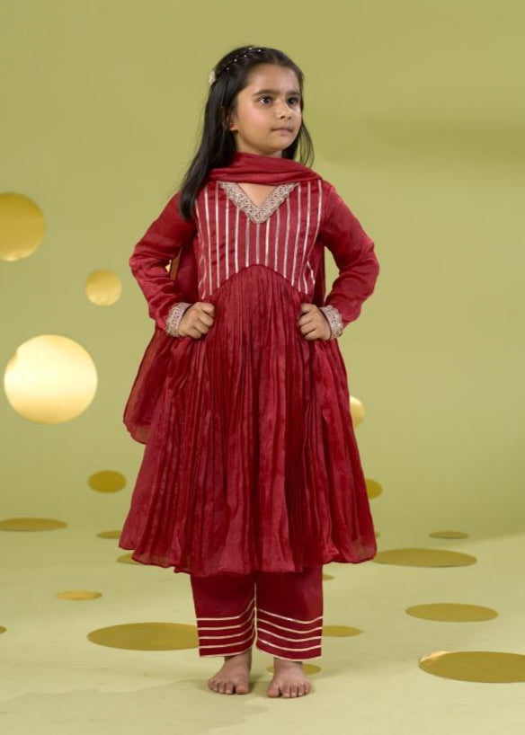 Red Gota Anarkali Kurta With Pleated Pant Set