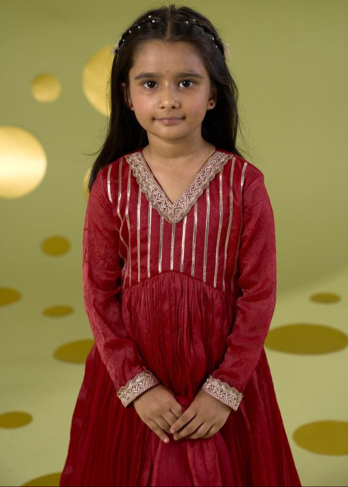 Red Gota Anarkali Kurta With Pleated Pant Set