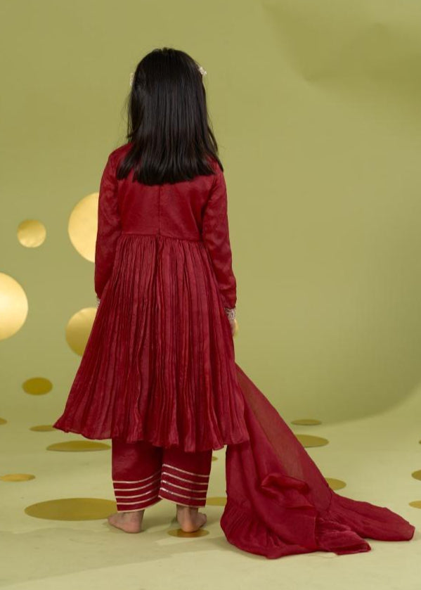 Red Gota Anarkali Kurta With Pleated Pant Set