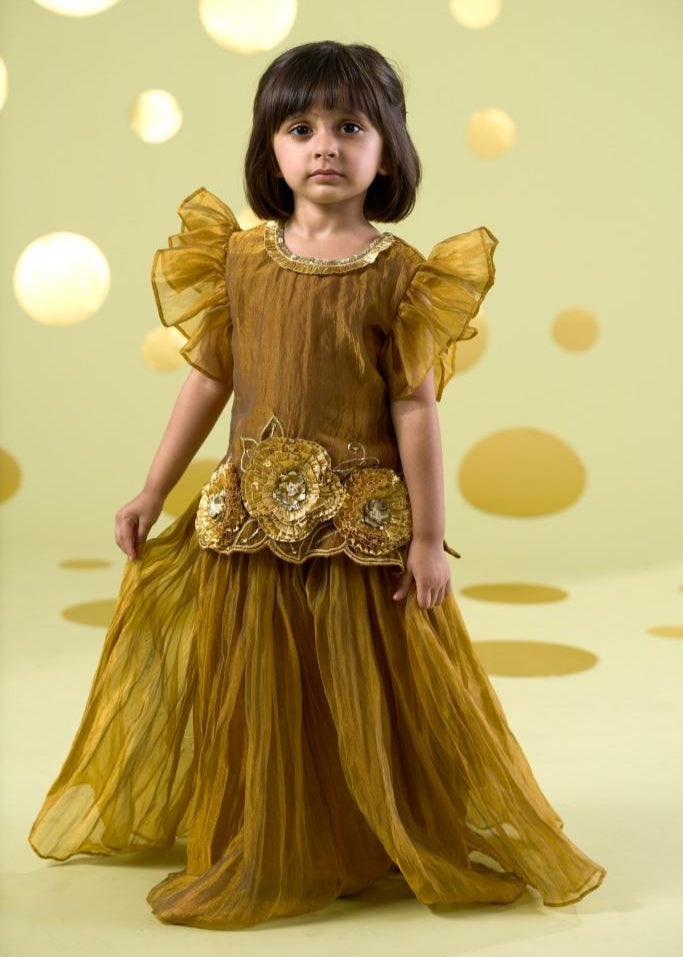 Yellow Gota Lace Handwork Flower Motif Kurta With Sharara Set