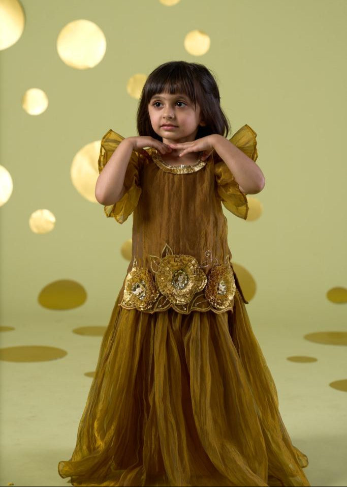 Yellow Gota Lace Handwork Flower Motif Kurta With Sharara Set