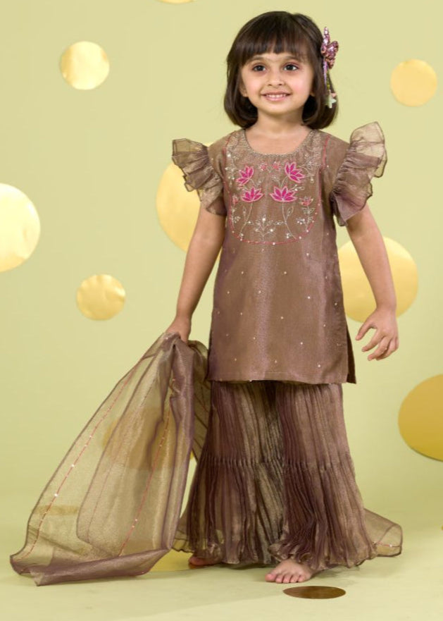 Golden Lotus Motif Kurta With Sharara Set