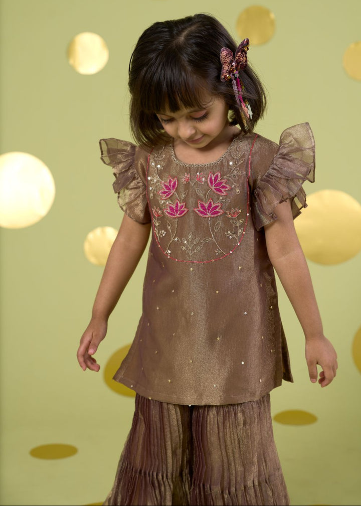 Golden Lotus Motif Kurta With Sharara Set