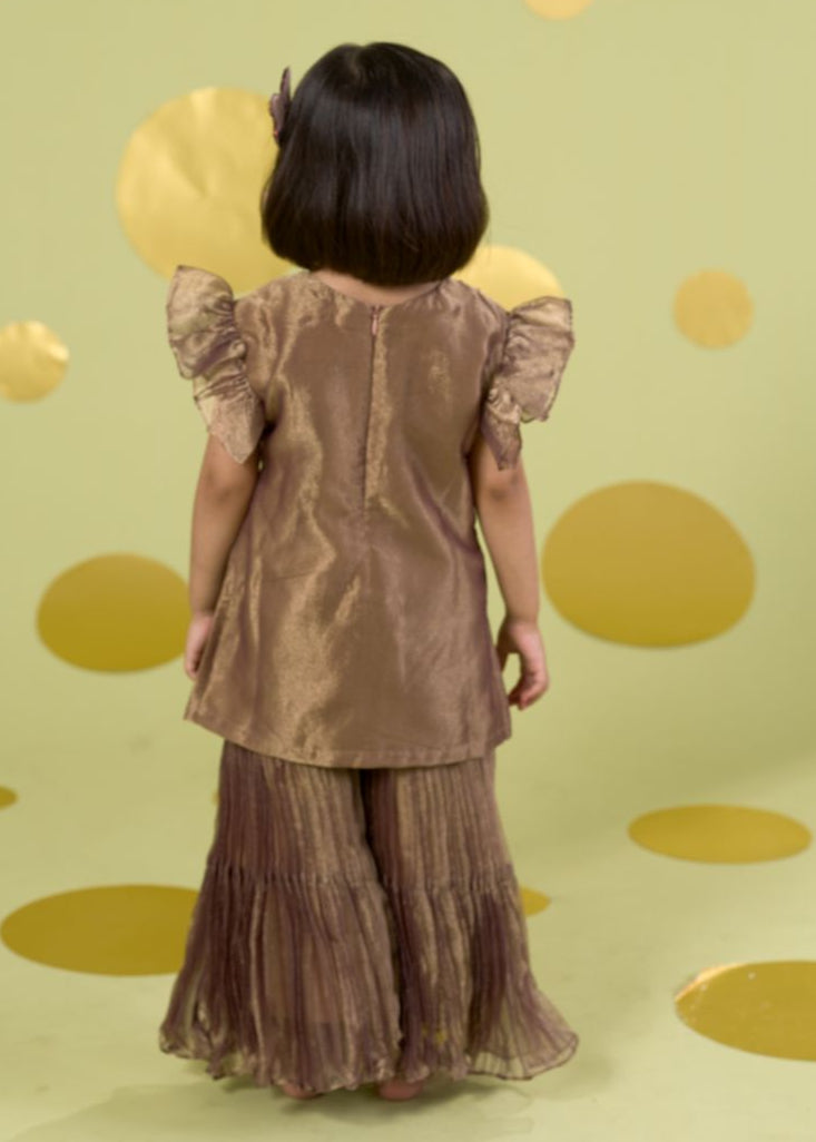 Golden Lotus Motif Kurta With Sharara Set