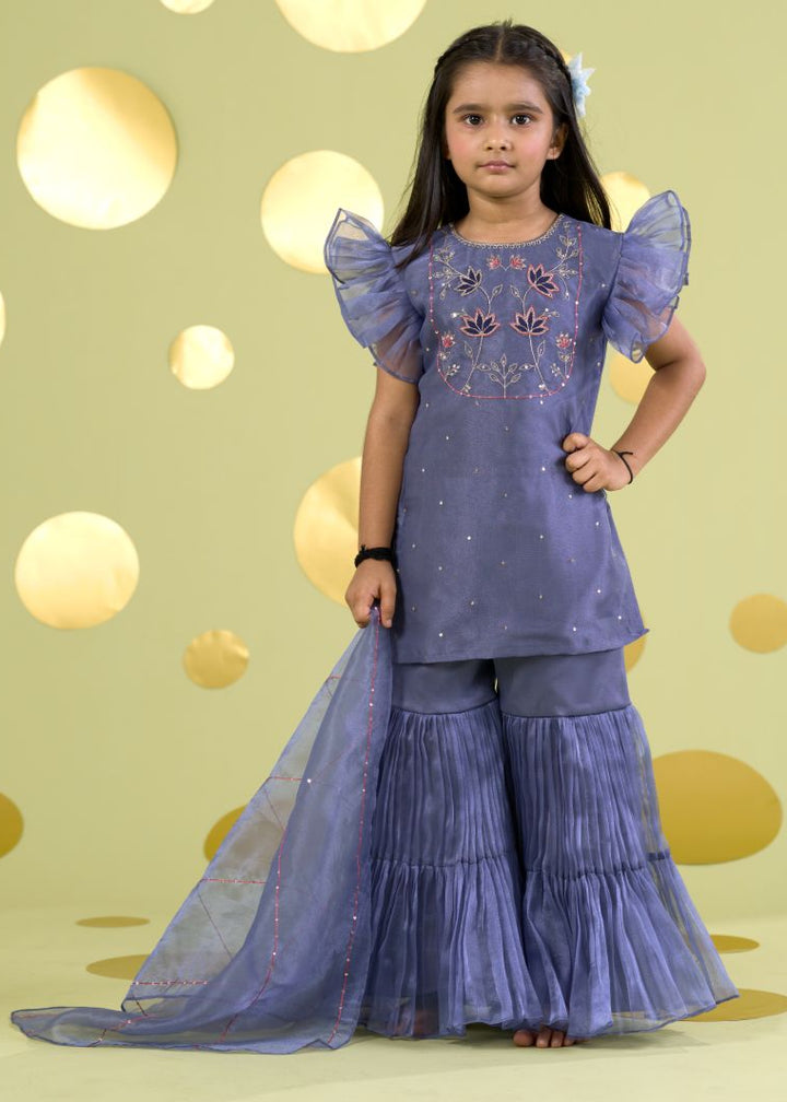 Blue Lotus Motif Kurta With Sharara Set