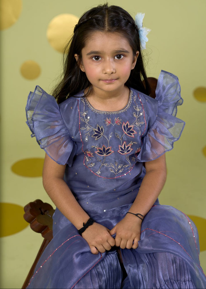 Blue Lotus Motif Kurta With Sharara Set