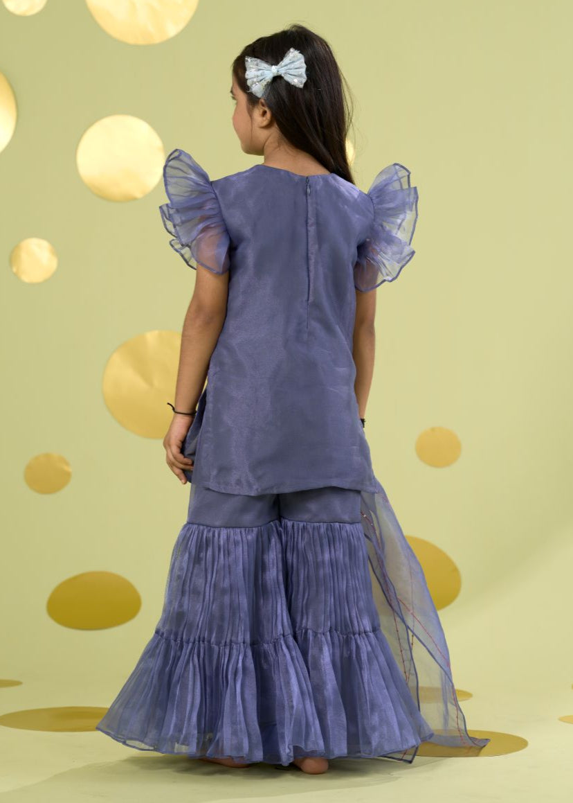Blue Lotus Motif Kurta With Sharara Set
