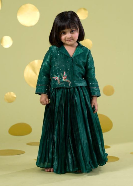 Green Handwork Embroidery Bird Top With Skirt Set