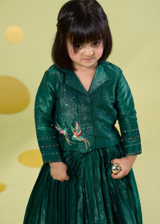Green Handwork Embroidery Bird Top With Skirt Set