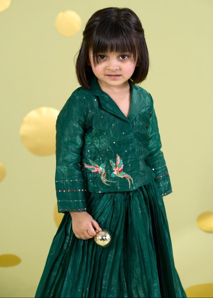 Green Handwork Embroidery Bird Top With Skirt Set