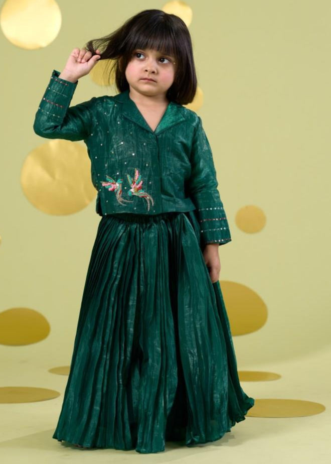Green Handwork Embroidery Bird Top With Skirt Set