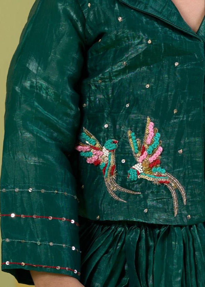 Green Handwork Embroidery Bird Top With Skirt Set