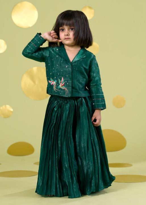 Green Handwork Embroidery Bird Top With Skirt Set
