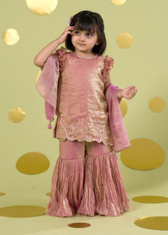 Pink Handwork Embroidery Bird Kurta With Sharara Set