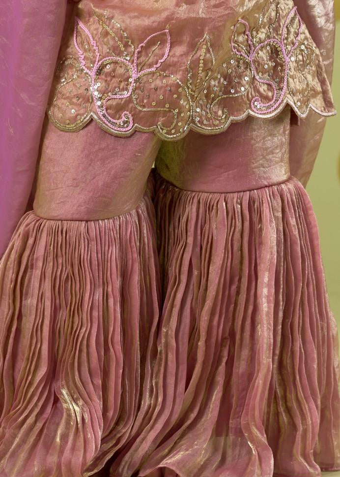Pink Handwork Embroidery Bird Kurta With Sharara Set