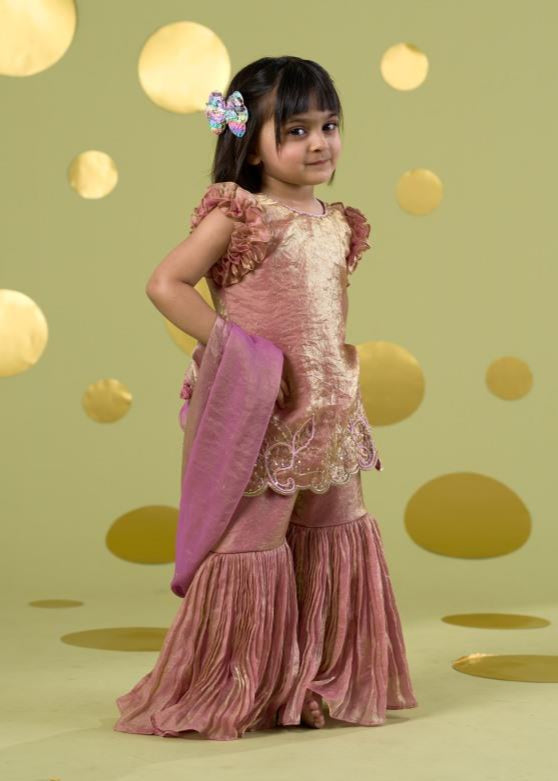 Pink Handwork Embroidery Bird Kurta With Sharara Set