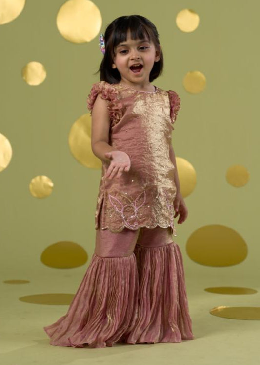 Pink Handwork Embroidery Bird Kurta With Sharara Set