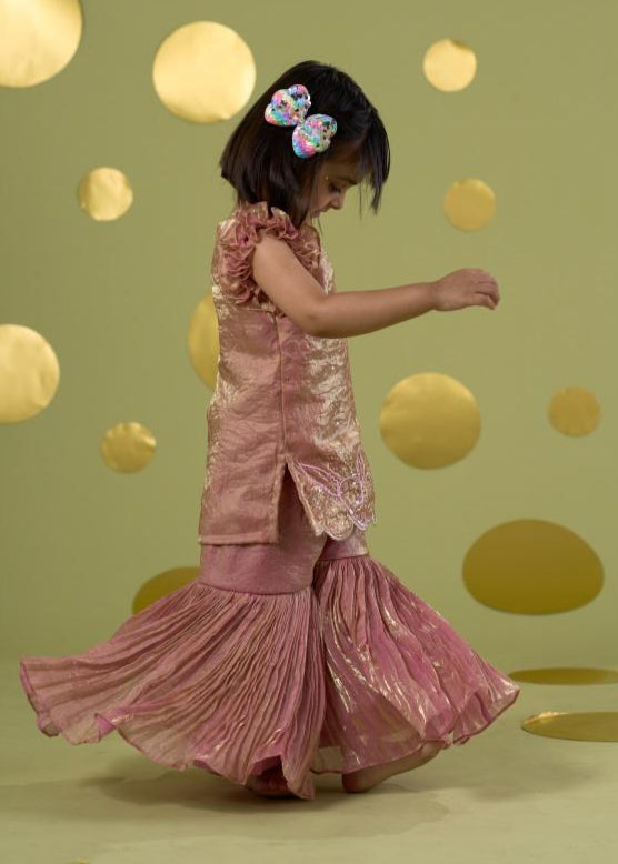Pink Handwork Embroidery Bird Kurta With Sharara Set