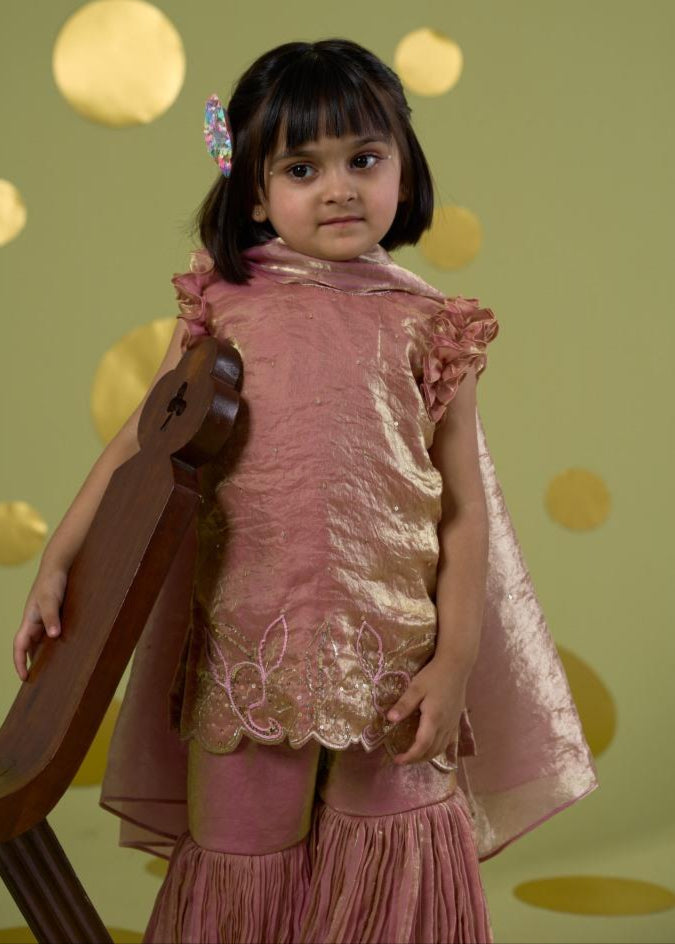 Pink Handwork Embroidery Bird Kurta With Sharara Set