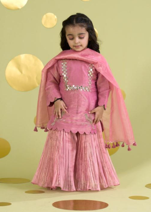 Pink Bird Motif Mirror Work Kurta With Sharara Set