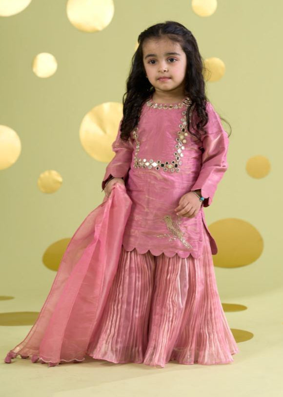 Pink Bird Motif Mirror Work Kurta With Sharara Set